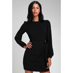 Lulus Believe It Or Knot Black Long Sleeve Tie-front Skater Dress - Size XS